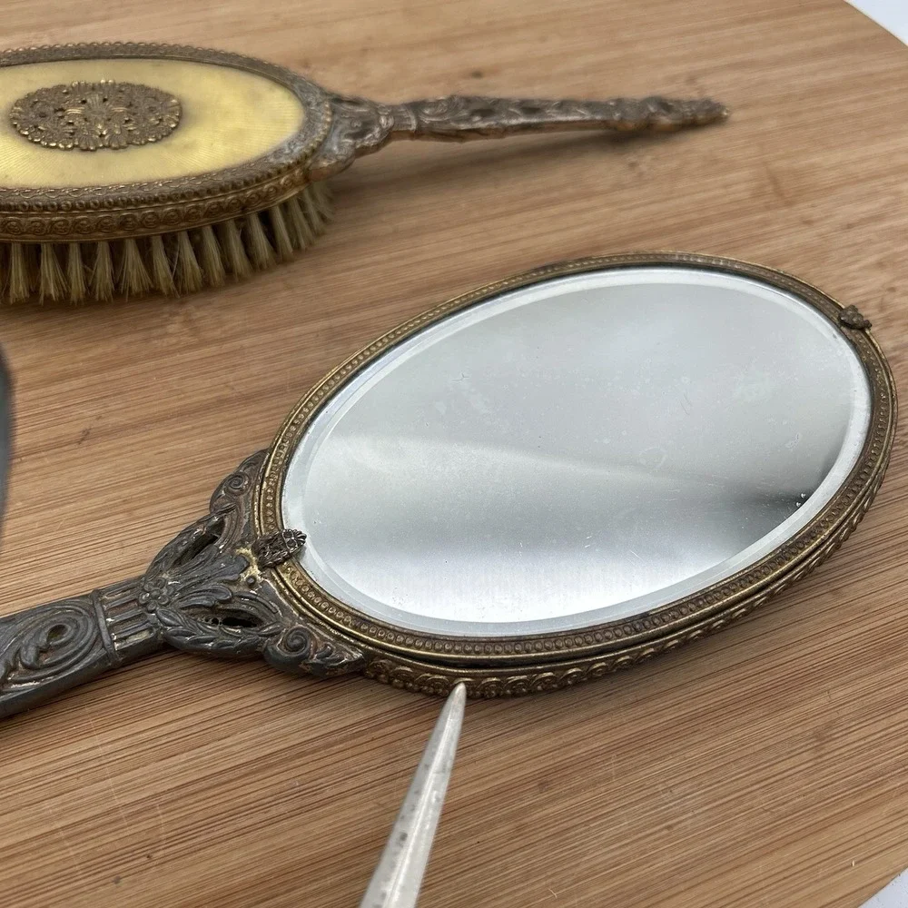 Apollo Hand Mirror & Brush Set Ormolu Filigree Floral‎ Vanity Hollywood Regency